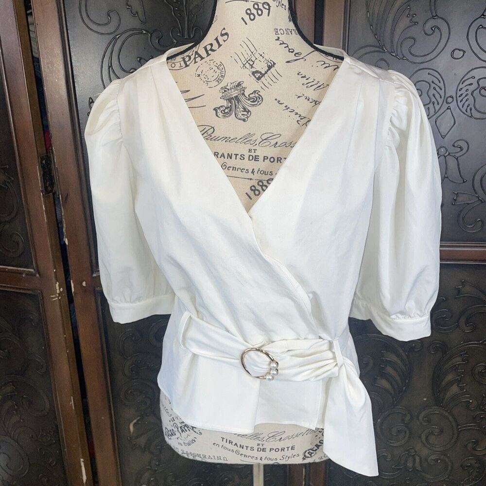 Haut Monde White Wrap‎ Around Belted Shirt / Top / Blouse Women's Size L